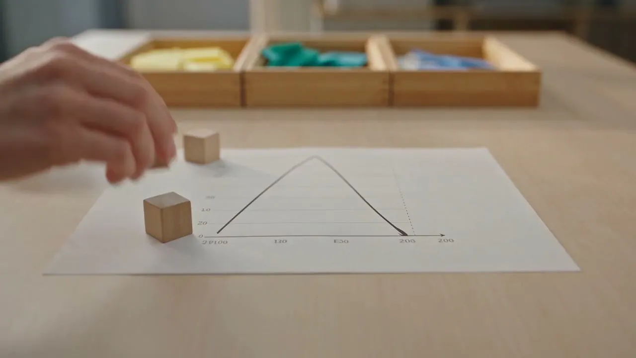 A plain timber block being placed on the peak of a cash flow curve drawn on a sheet of paper