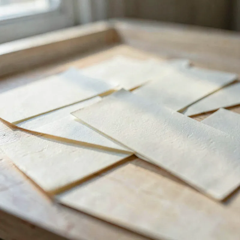 A loose fan of blank cream paper slips across a pale timber table