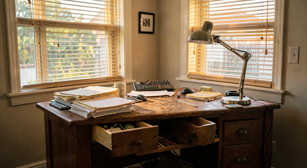 A small business desk before anything is sorted, stacked with plain paper and an open drawer