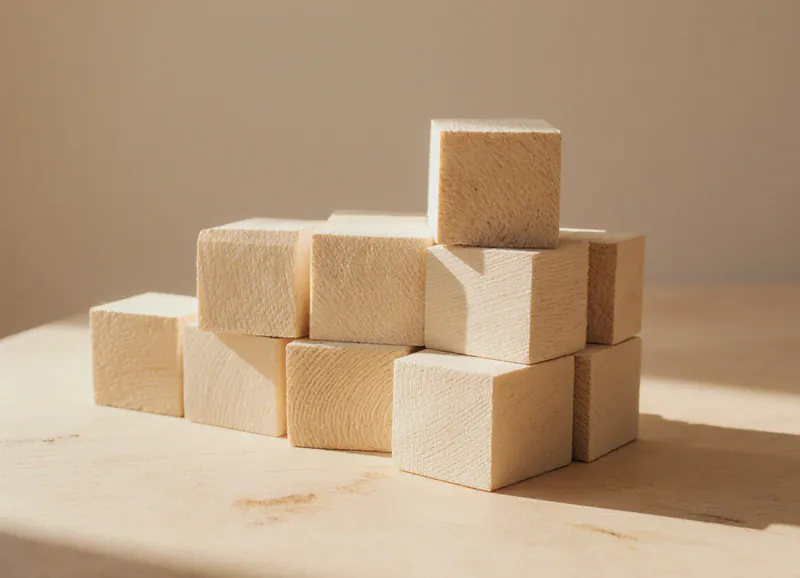 Plain untreated timber cubes stacked in a stepped row on a pale table