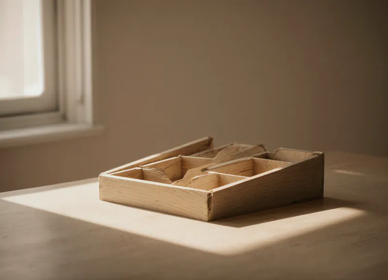 A three-bay plywood sorting tray on a pale timber table in window light