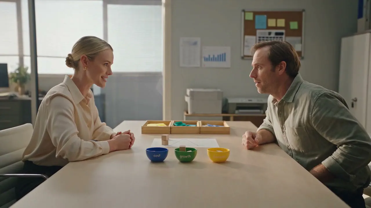 Imogen Traill and a client talking across the meeting table, with the sorting trays and the three bowls between them
