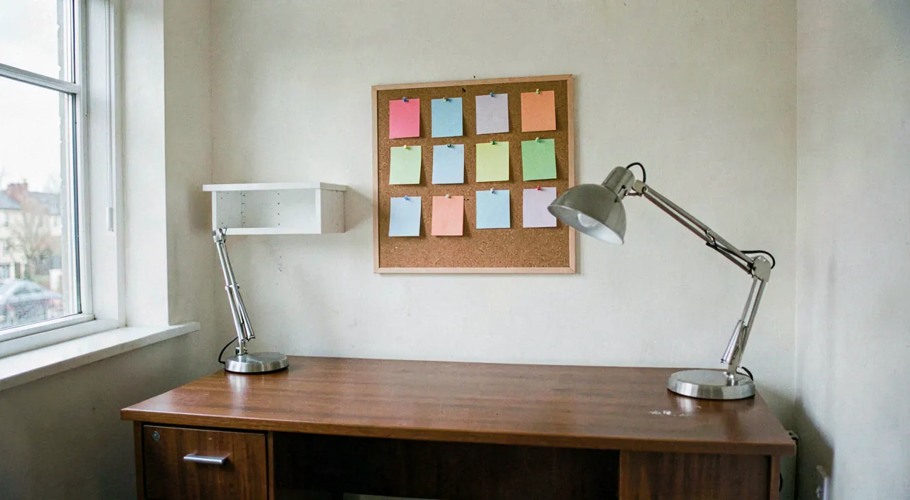 The back work room, a cork board of blank coloured cards above a timber desk and lamp