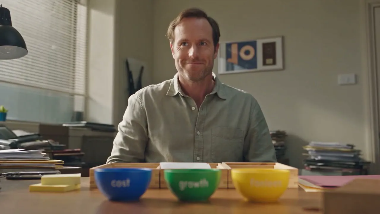 The same desk at the end, in order, with the three bowls lined up in front of the owner