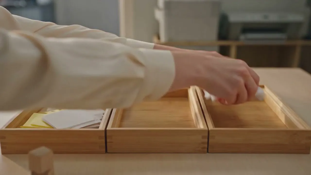A blank paper slip being placed into one bay of a timber sorting tray